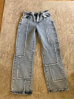High-Rise Light Blue Patchwork Straight-Leg Jeans